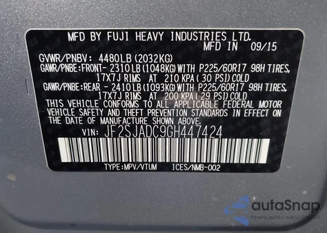 2016 Subaru Forester 2.5I Premium z USA, uszkodzony, nr VIN JF2SJADC9GH447424